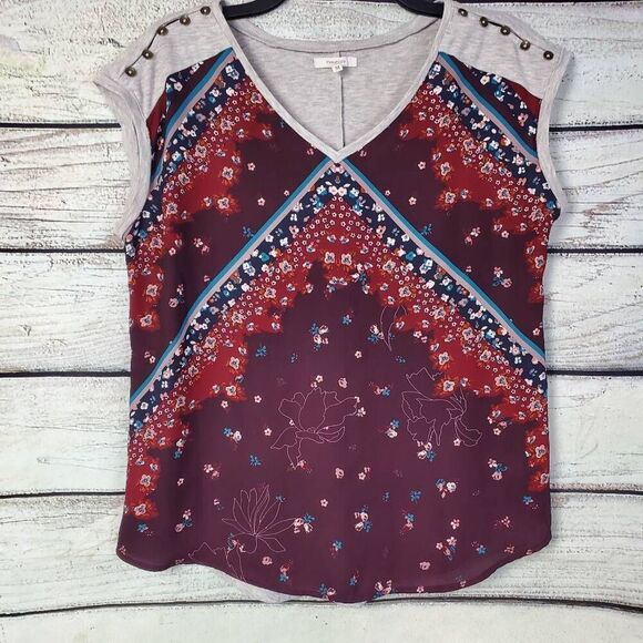 Maurices Women’s Top Size M Burgundy Mixed Print Cap Sleeve Stud Shoulder Blouse - Picture 1 of 6